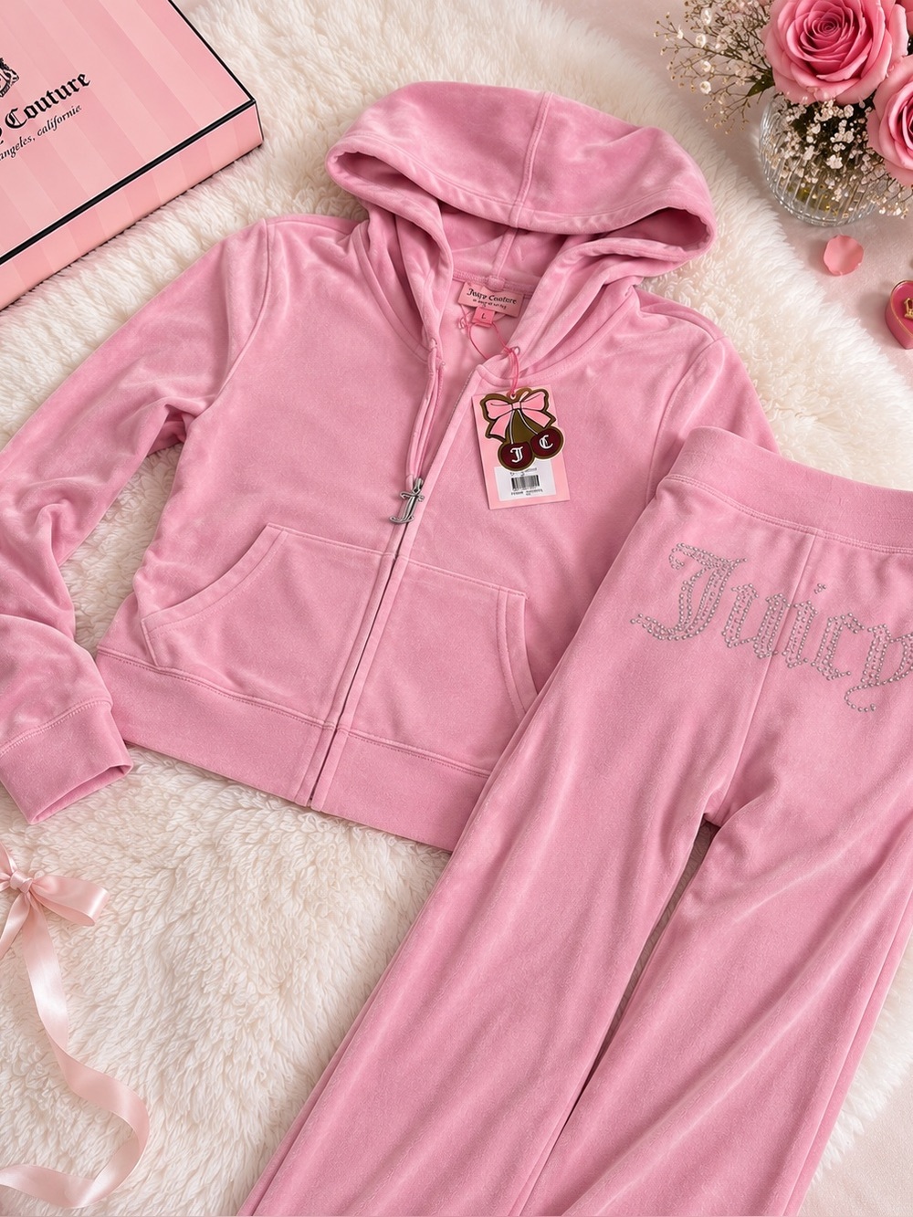 Juicy Couture Velour Rhinestone Tracksuit Y2K Pink Hoodie Jogger Set Large NWT